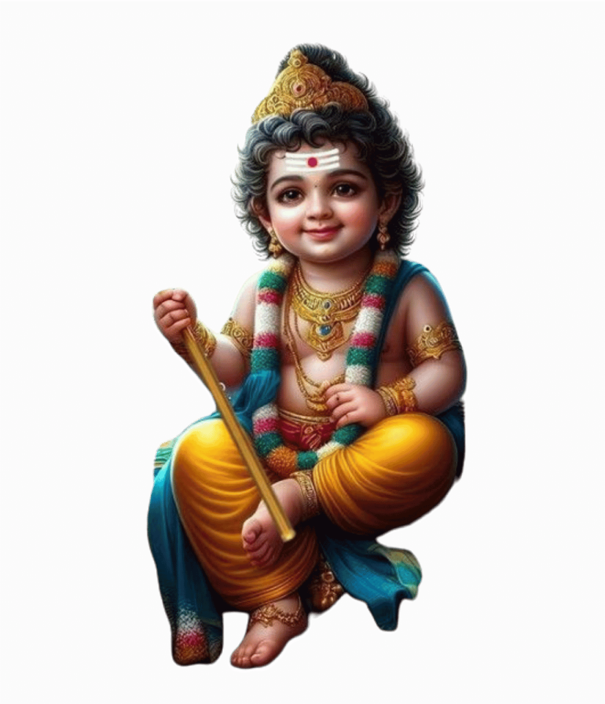 Baby Murugan holding a stick, smiling, in HD.