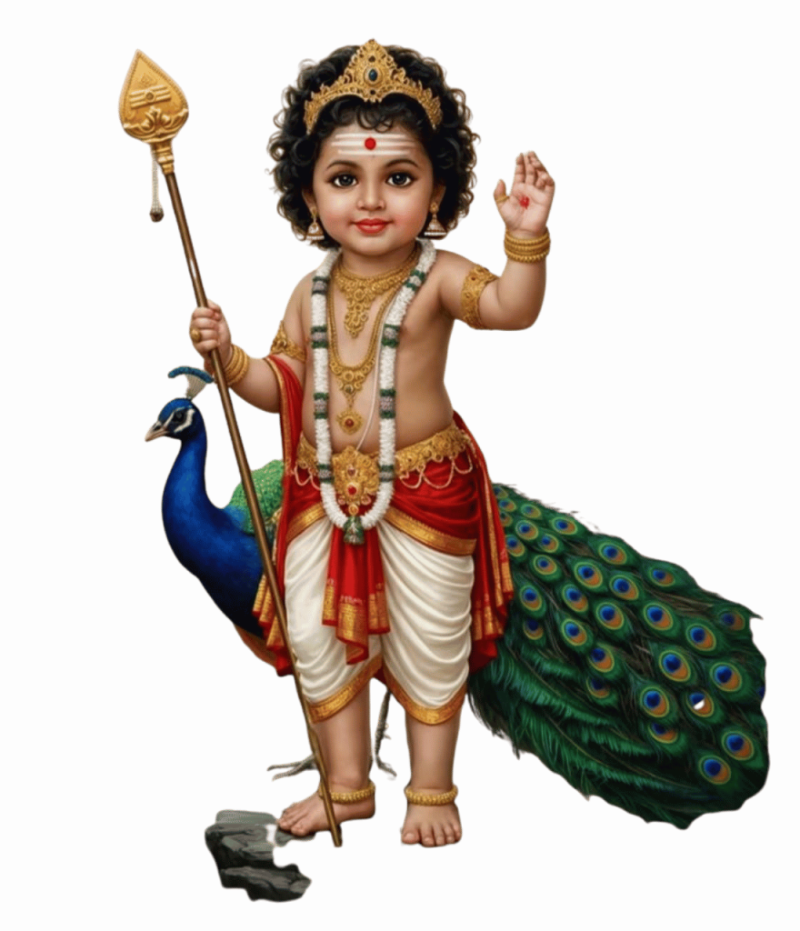Baby Murugan with a spear, standing next to a peacock, in HD.