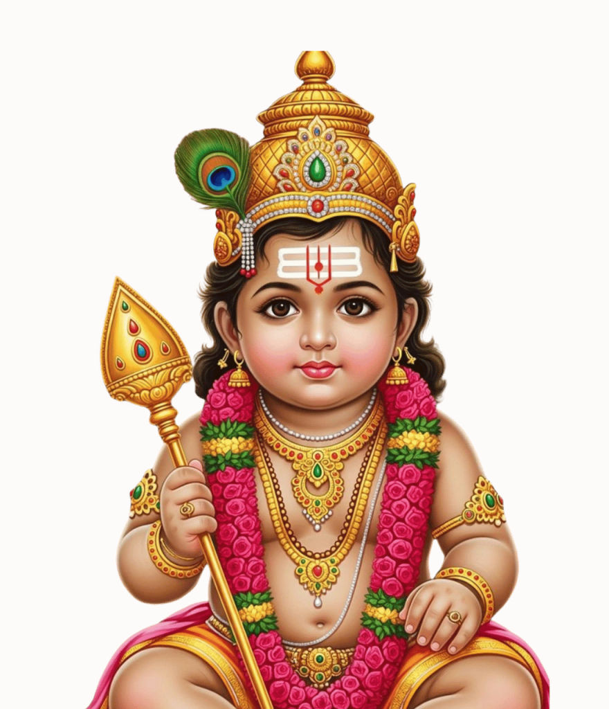 Bal Murugan Kartikeya divine child with golden crown, vel, ornaments and flower garlands