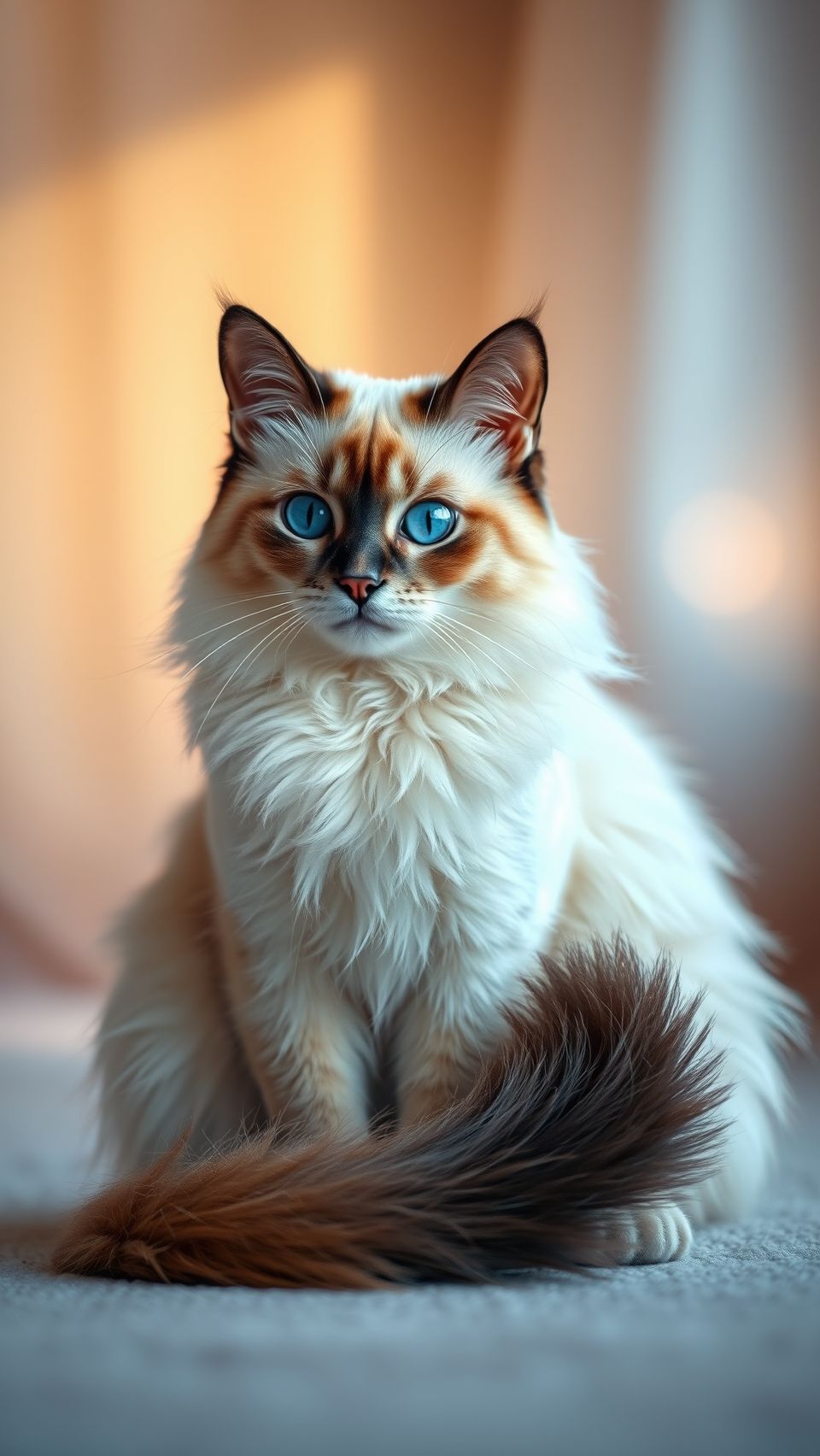 Beautiful Balinese cat with striking blue eyes, long silky cream fur, and fluffy tail