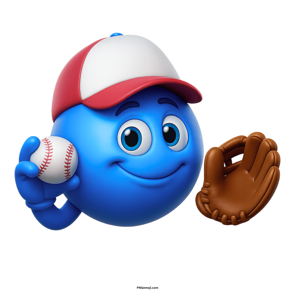 3D blue baseball smiley emoji with red cap holding ball and glove