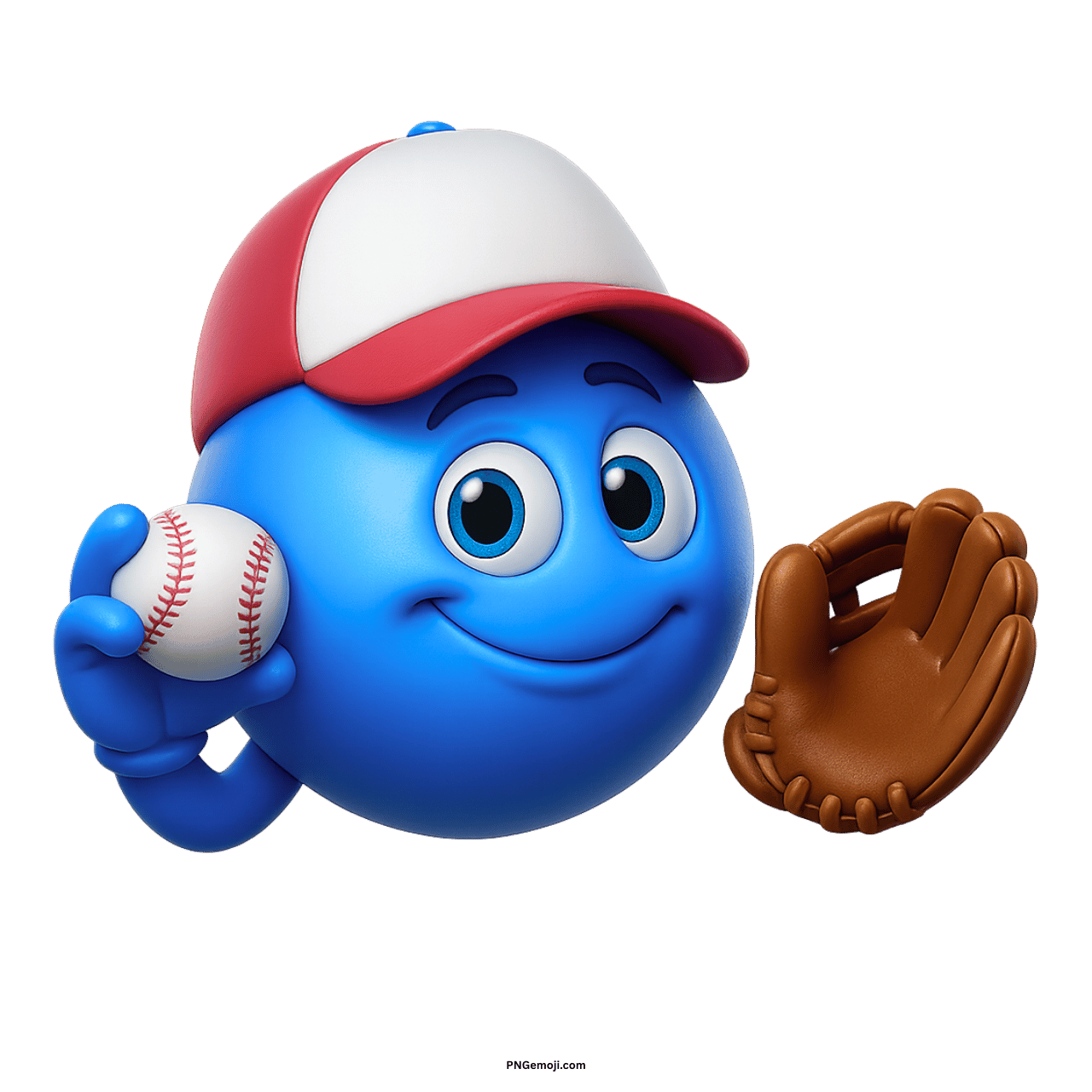 3D blue baseball smiley emoji with red cap holding ball and glove