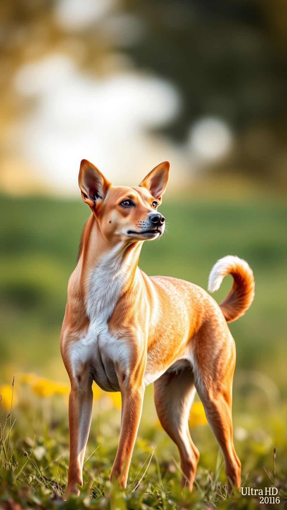 Beautiful Basenji dog standing alert in natural field with blurred background wallpaper
