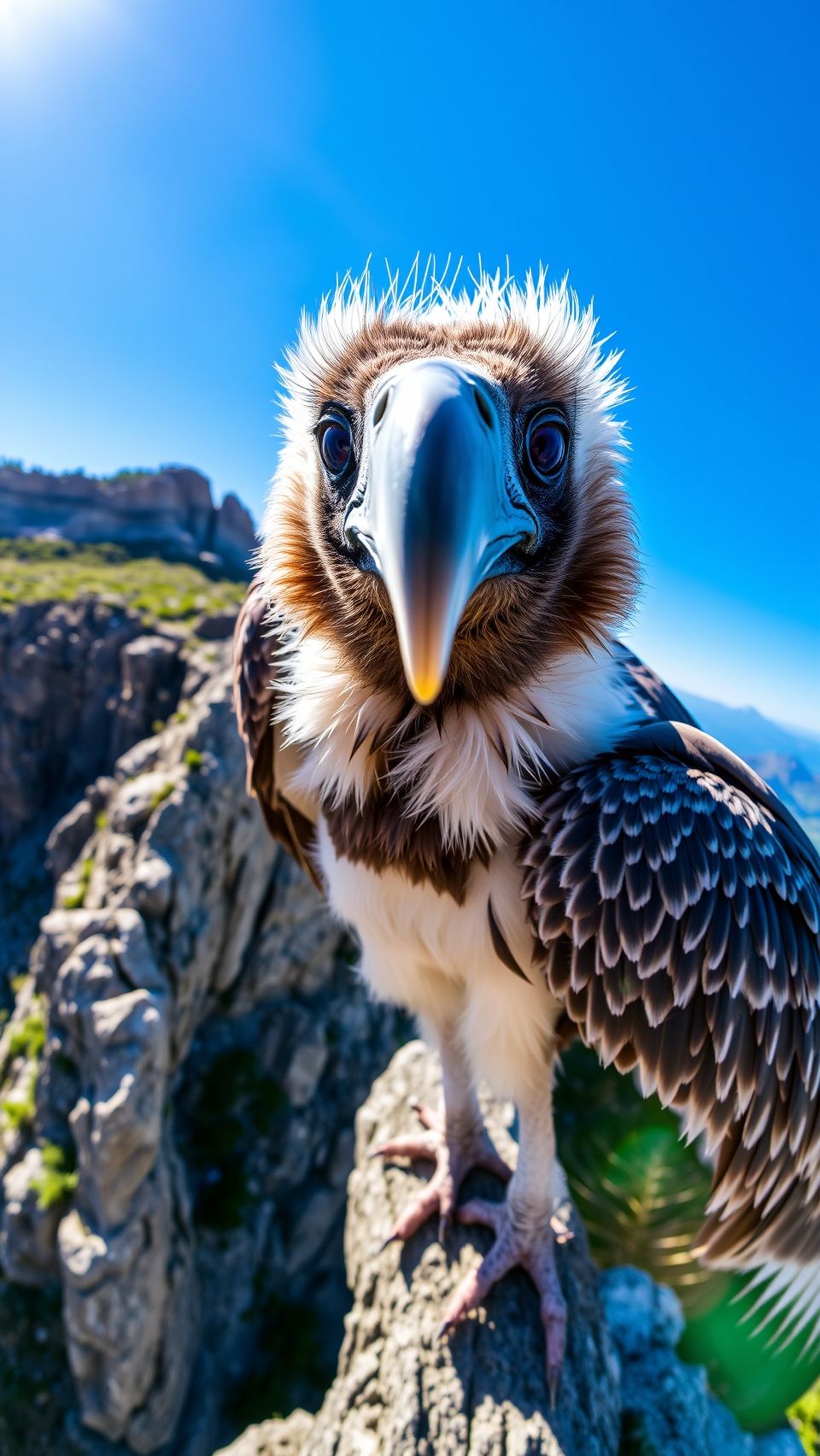 Close-up of a bearded vulture perched on a rocky cliff under a bright blue sky.