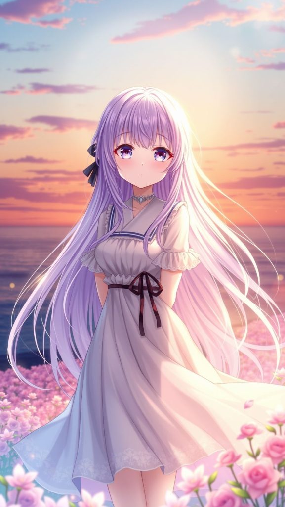 A serene anime girl with purple hair and violet eyes, standing in a flower field at sunset near the ocean.