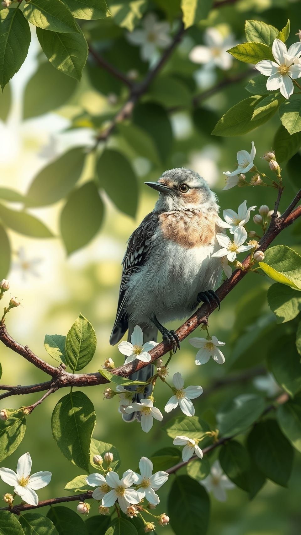 Beautiful cuckoo bird sitting on a flowering tree branch with green leaves and blossoms
