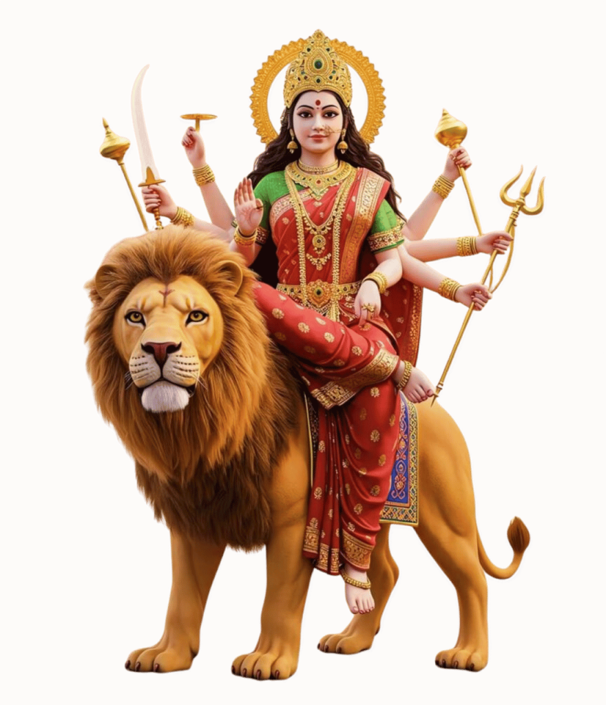 Beautiful Durga Mata PNG transparent image with lion in red saree and golden crown HD