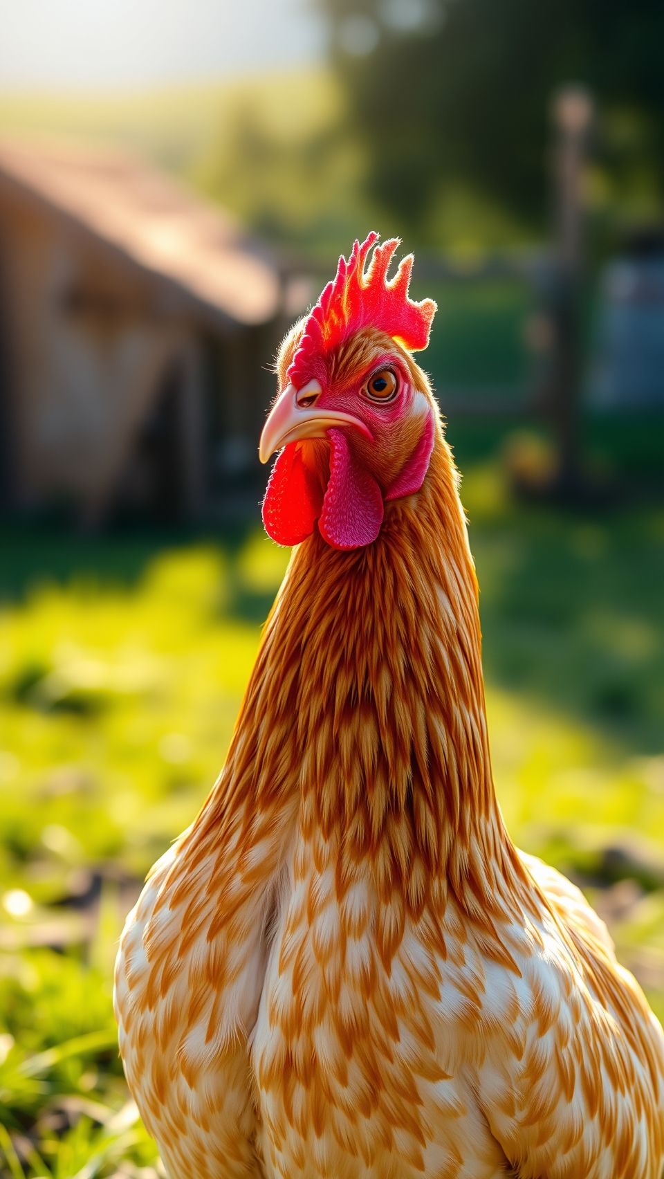 Close-up of a beautiful hen standing outdoors in natural sunlight on a farm