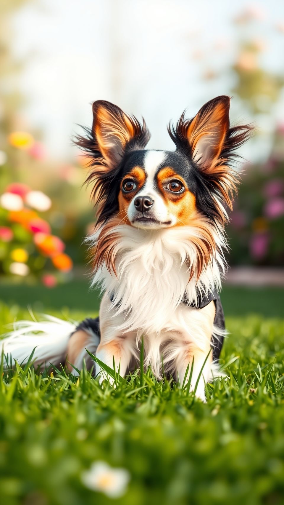 Papillon dog sitting on fresh green grass with colorful flowers in background, outdoor wallpaper