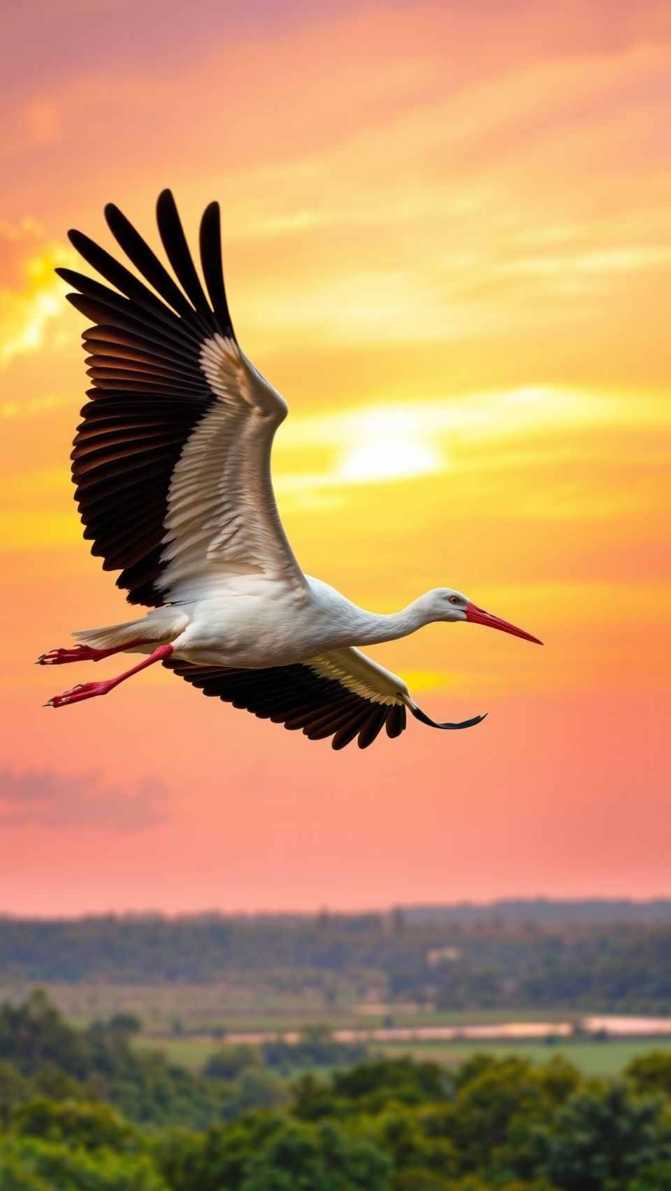 A stork soaring gracefully in the sky during a colorful sunset over lush greenery.