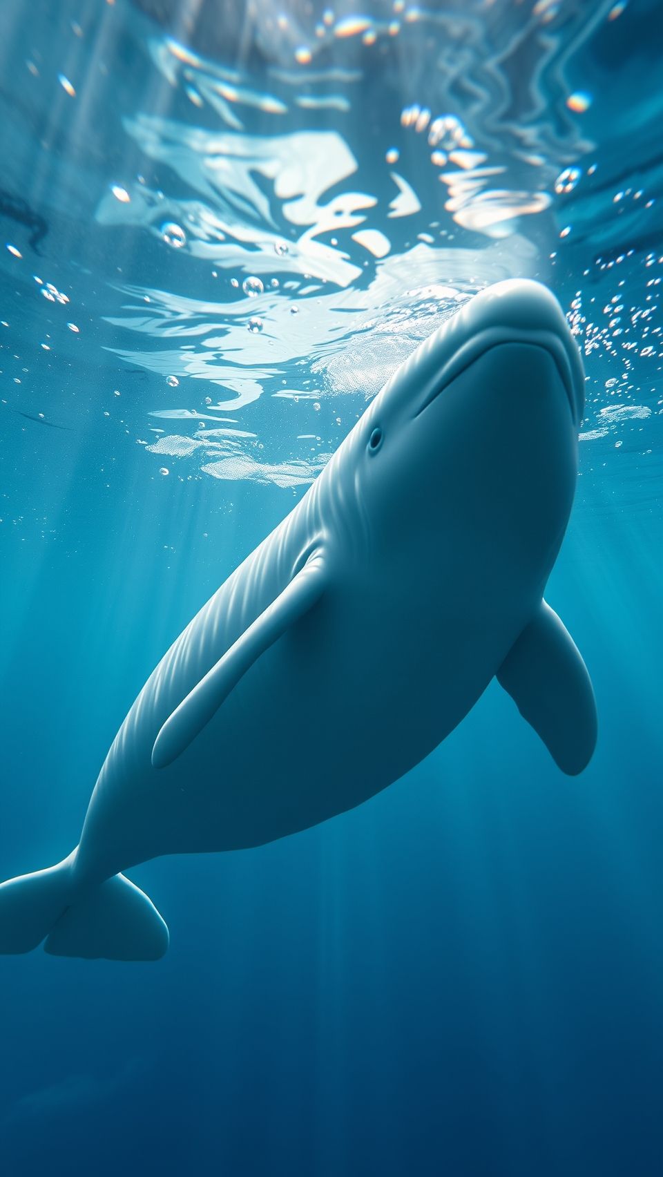 Beautiful beluga whale gracefully swimming underwater in clear blue ocean with sunlight rays