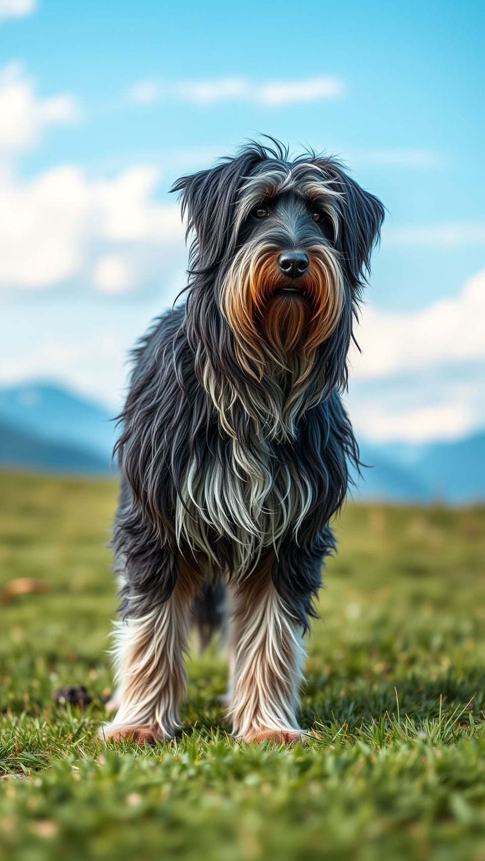 Beautiful Bergamasco shepherd dog with long shaggy coat standing outdoors in green landscape