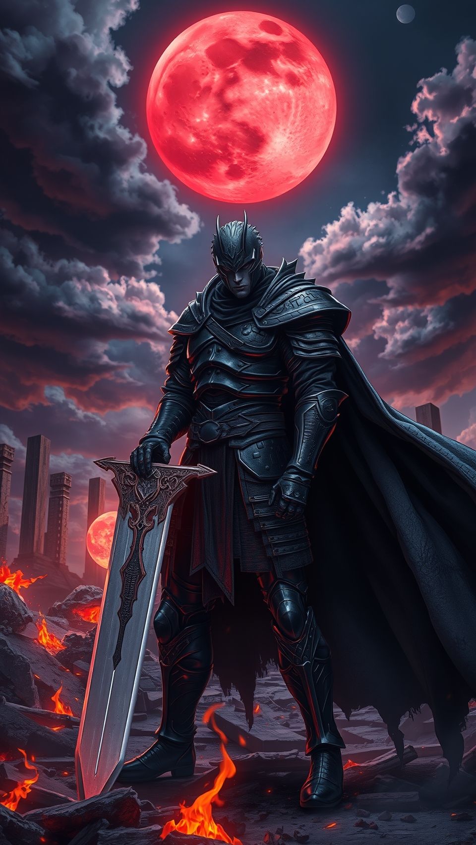 Dark fantasy Berserk anime warrior Guts standing under red moon with massive sword