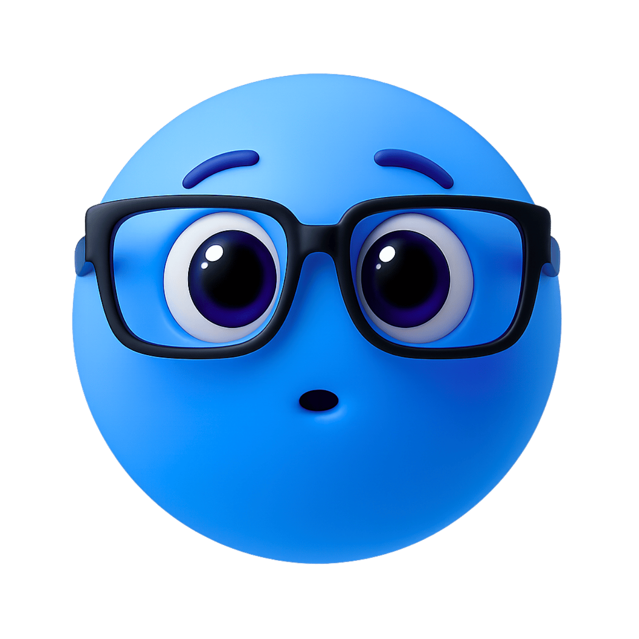 3D blue emoji face with big eyeglasses and surprised cute expression