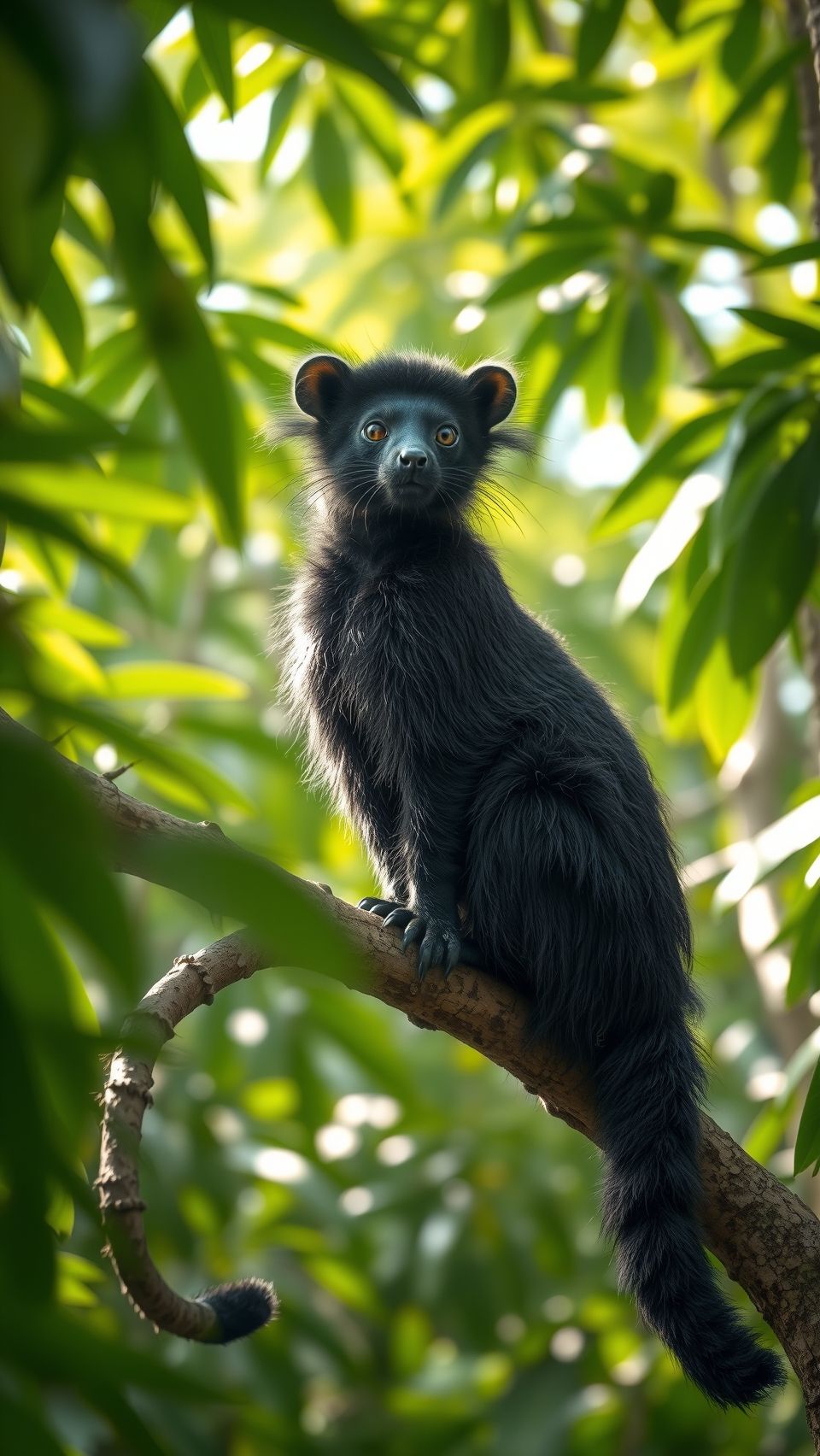 Realistic binturong bearcat sitting on tree branch in green tropical forest background