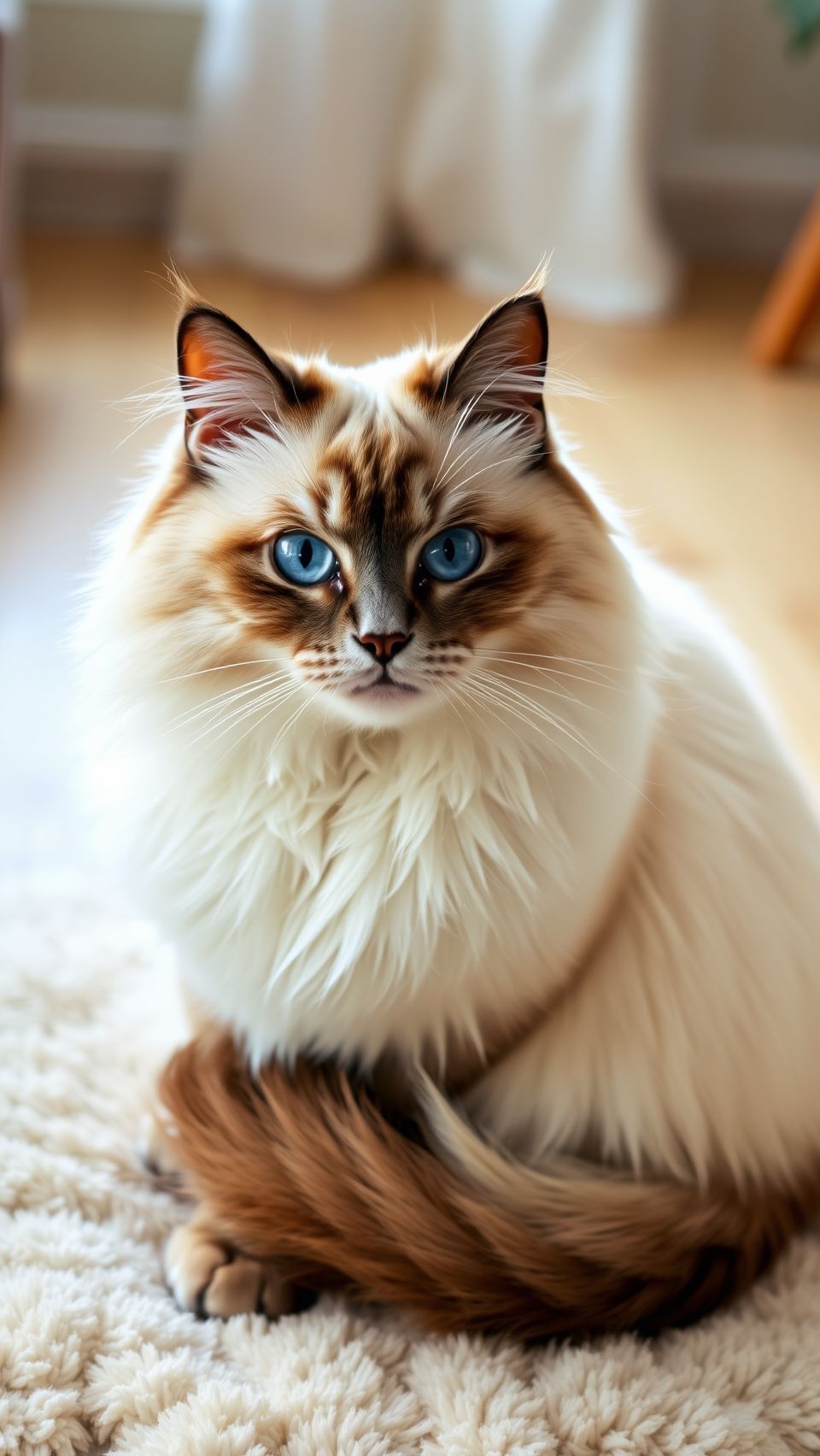 Birman cat with striking blue eyes sitting on a soft plush surface.