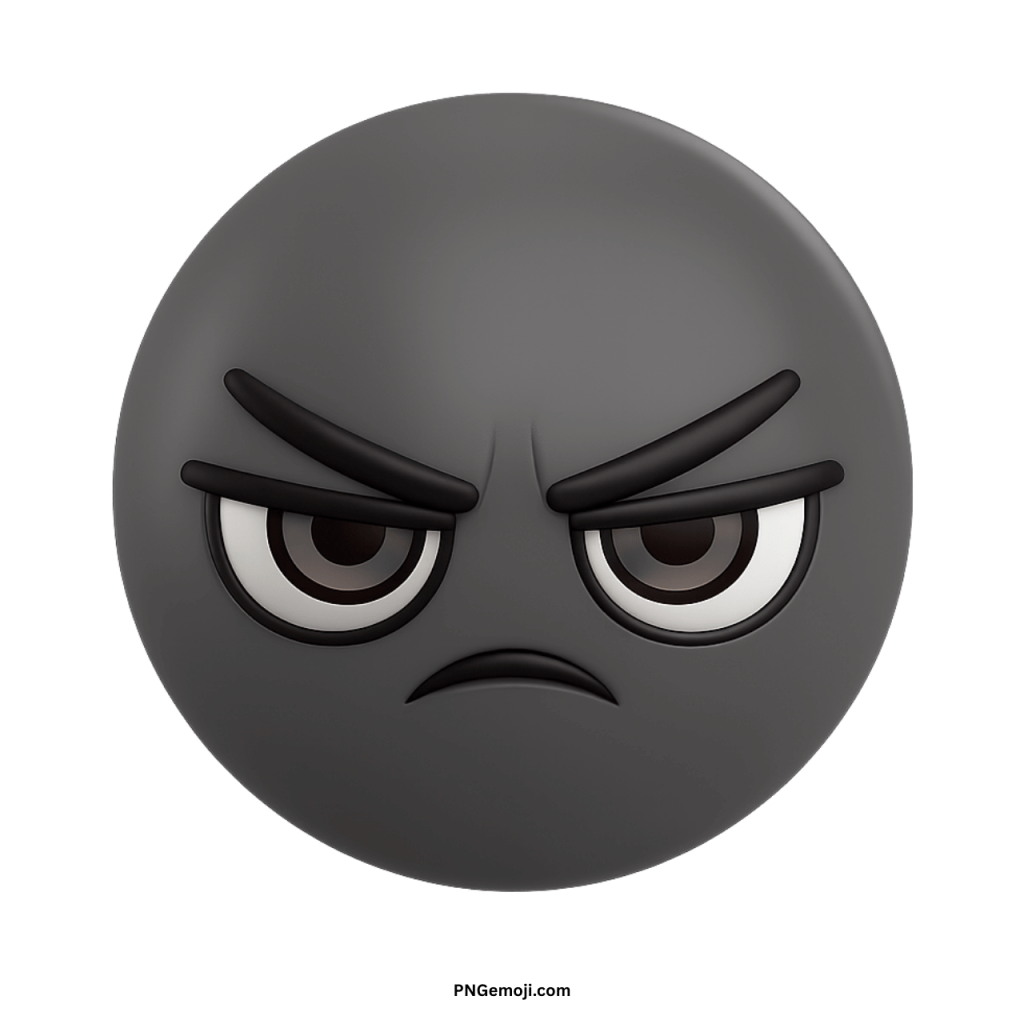 Black angry emoji face with furious eyes and frowning mouth in high-quality PNG