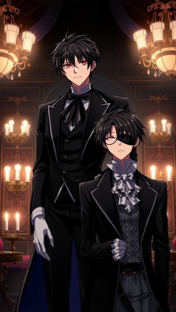 Black Butler anime wallpaper featuring Sebastian Michaelis and Ciel Phantomhive in gothic Victorian attire