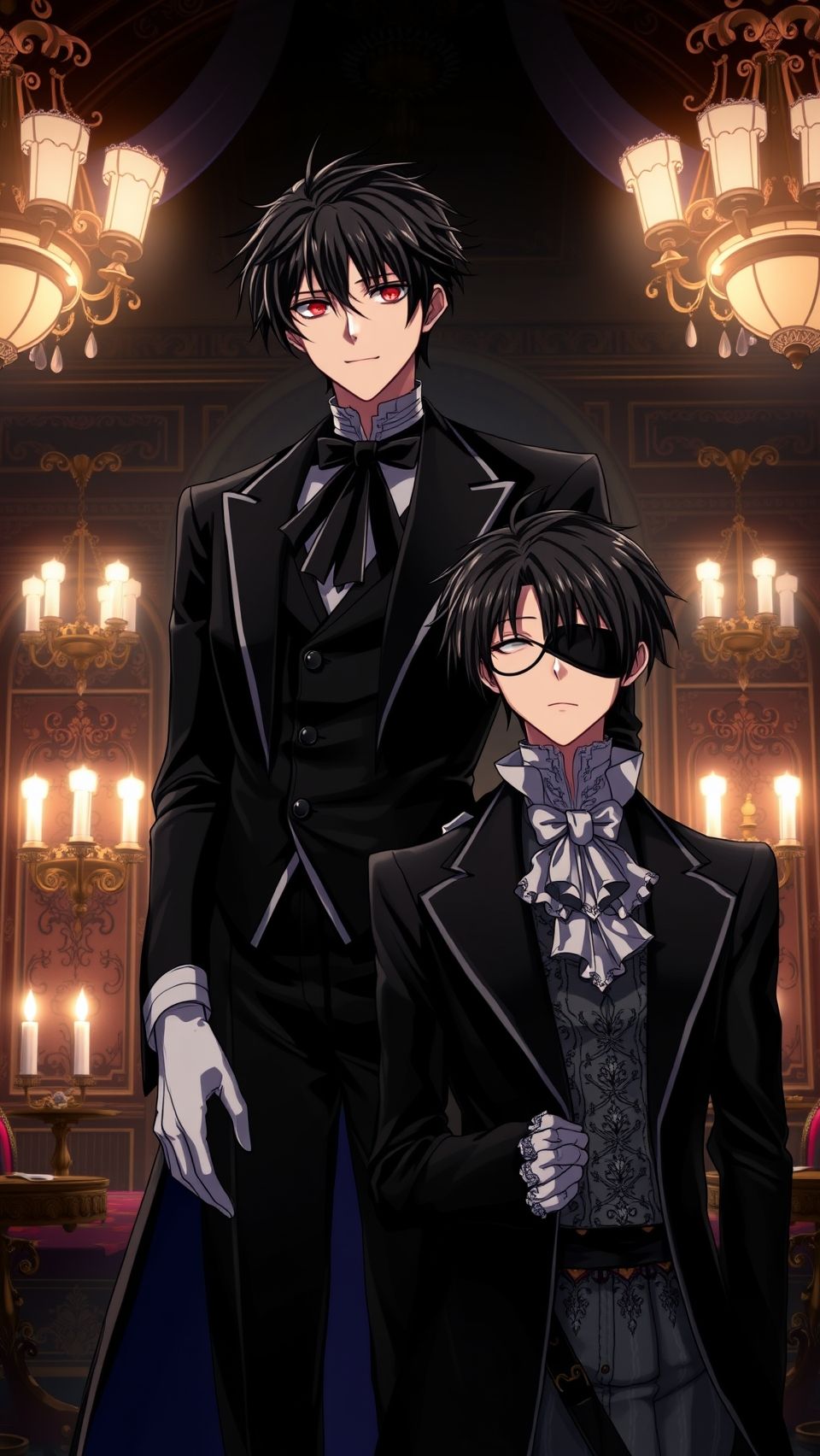 Black Butler anime wallpaper featuring Sebastian Michaelis and Ciel Phantomhive in gothic Victorian attire