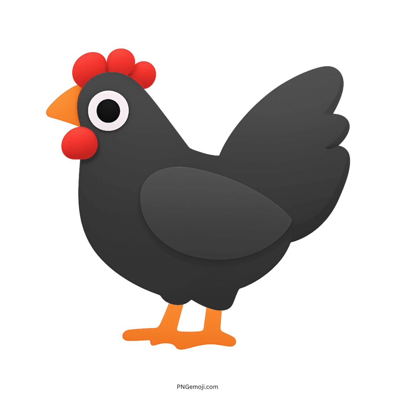 A cute and stylized black chicken emoji with a red comb, beak, and orange feet.