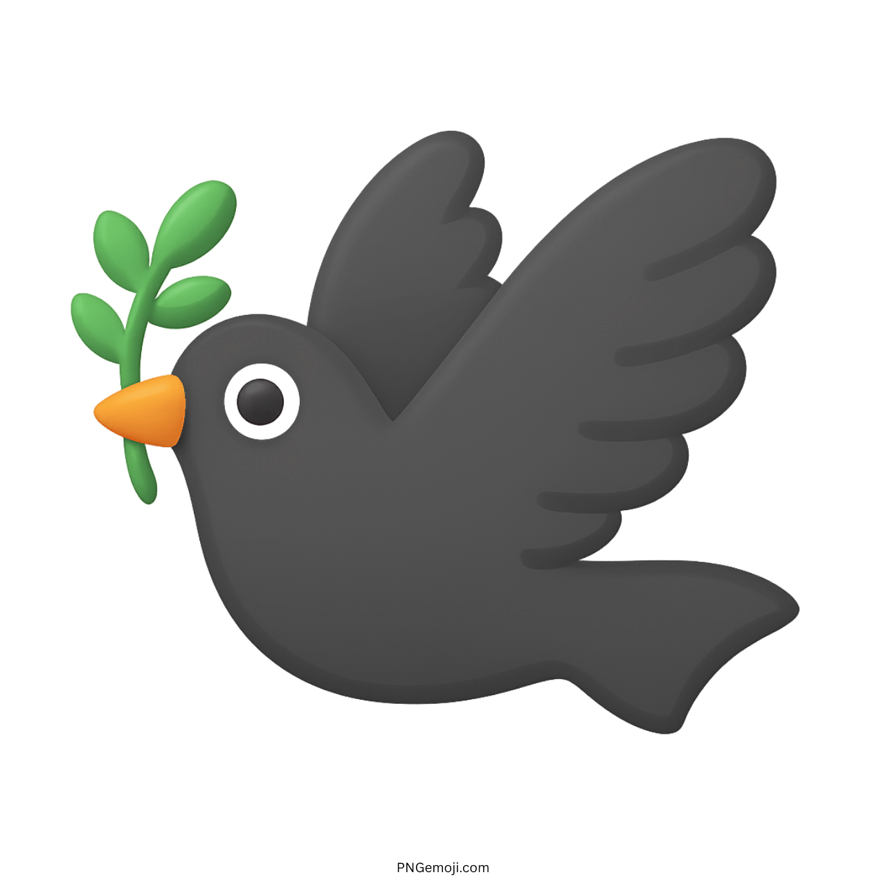 3D black dove emoji flying with olive branch symbolizing peace and hope.