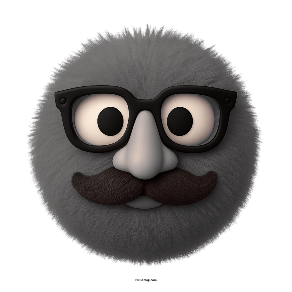 Fluffy gray emoji wearing black glasses and mustache on transparent background for creative designs