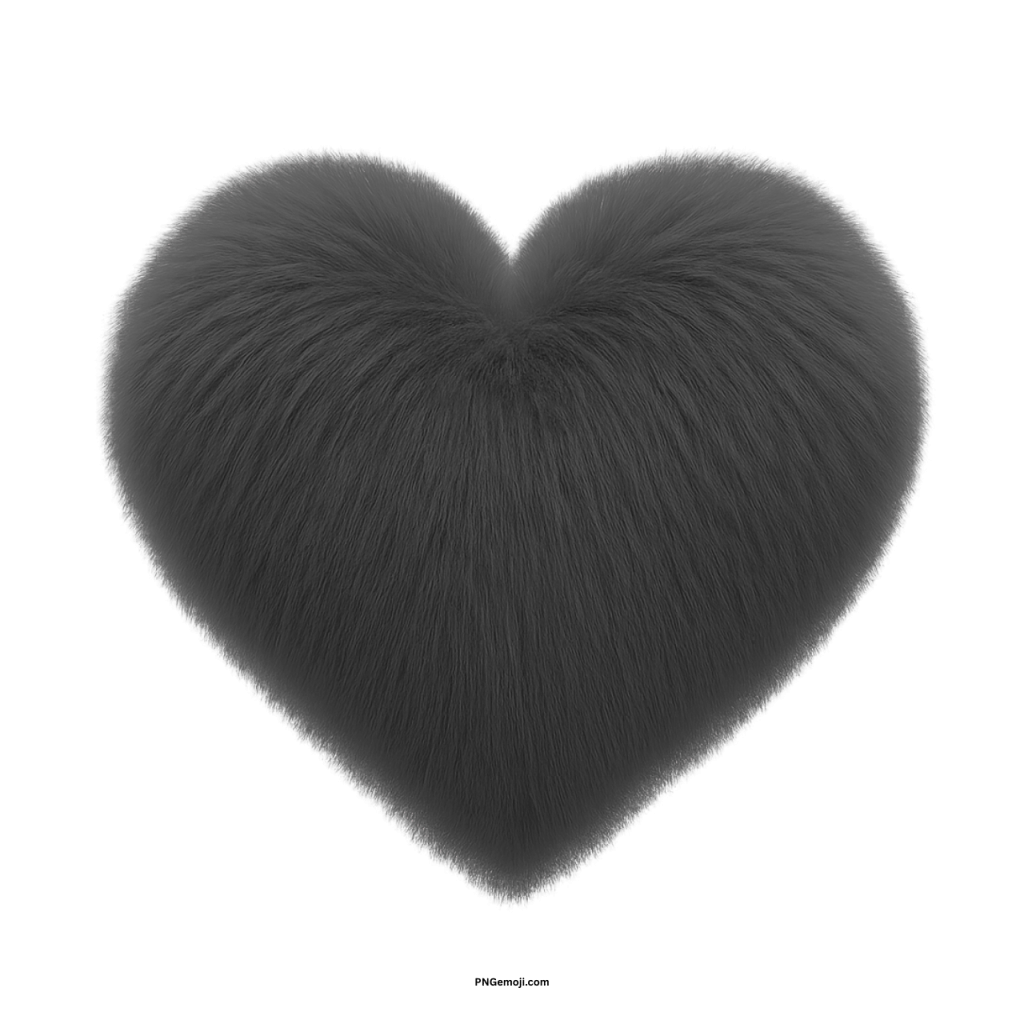 Black furry heart shaped cartoon love emoji symbol with soft fluffy texture