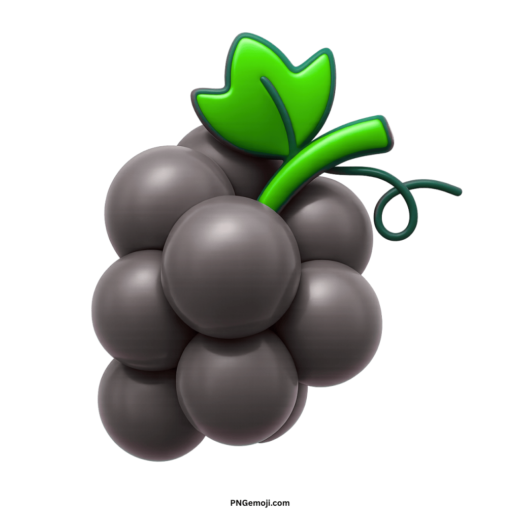Fresh black grapes emoji cluster with green leaf, fruit symbol PNG transparent background