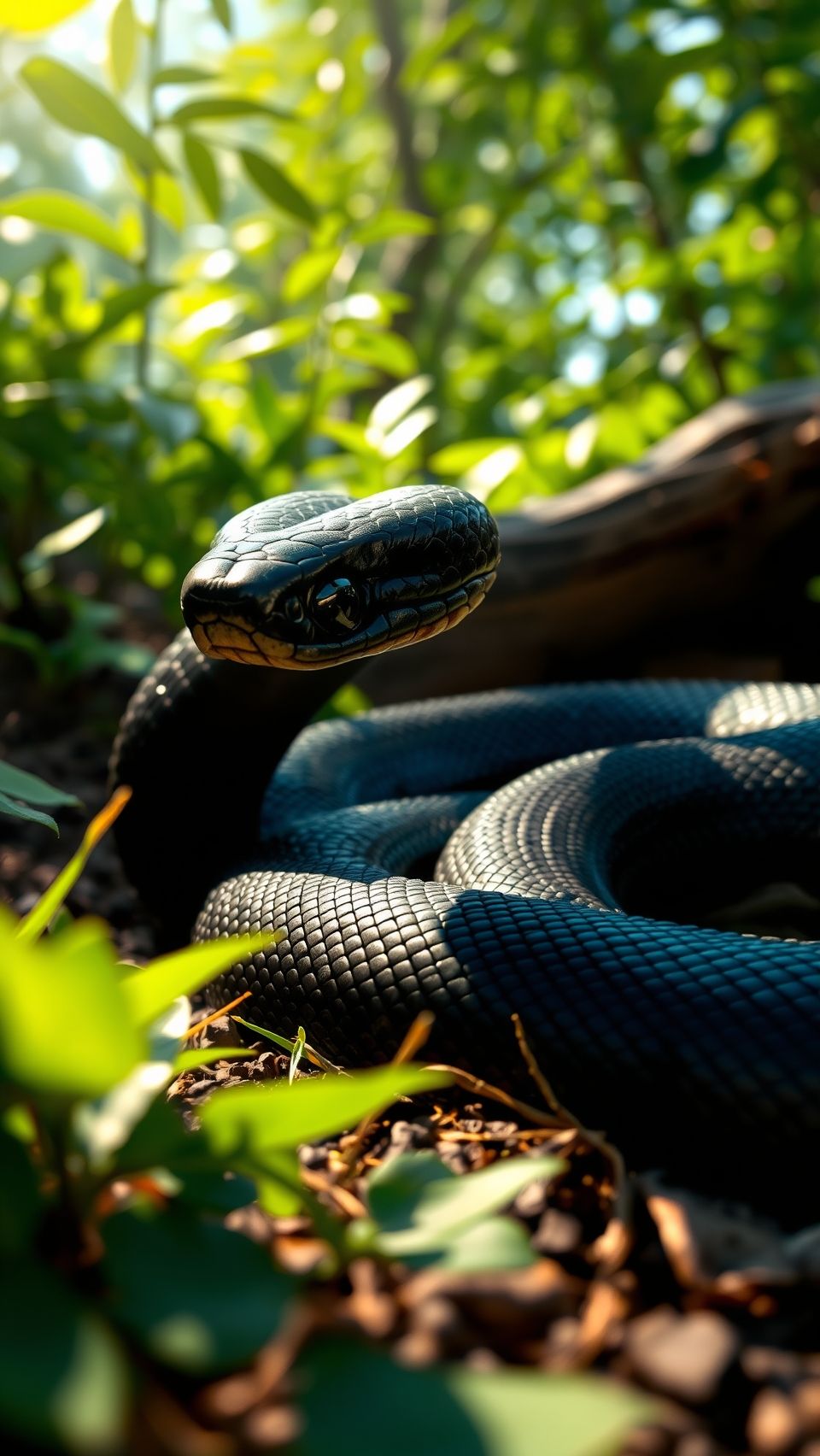 Black Mamba snake in its natural habitat with realistic detail, lush greenery, and sunlight