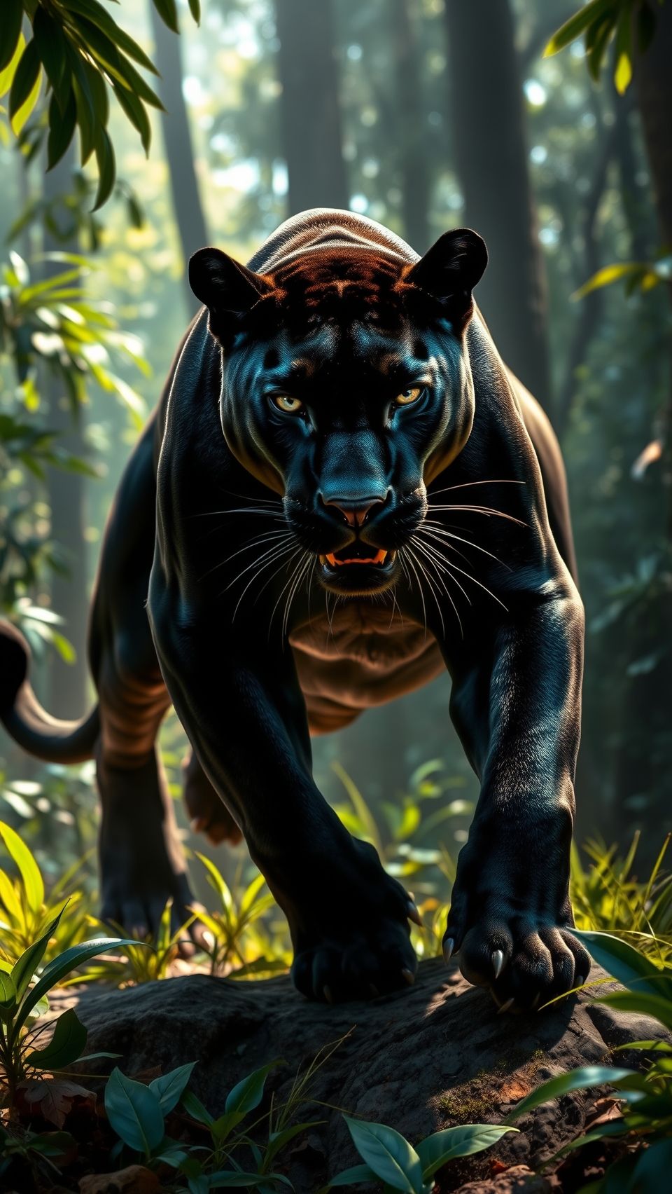 Black panther walking in the wild, surrounded by lush greenery