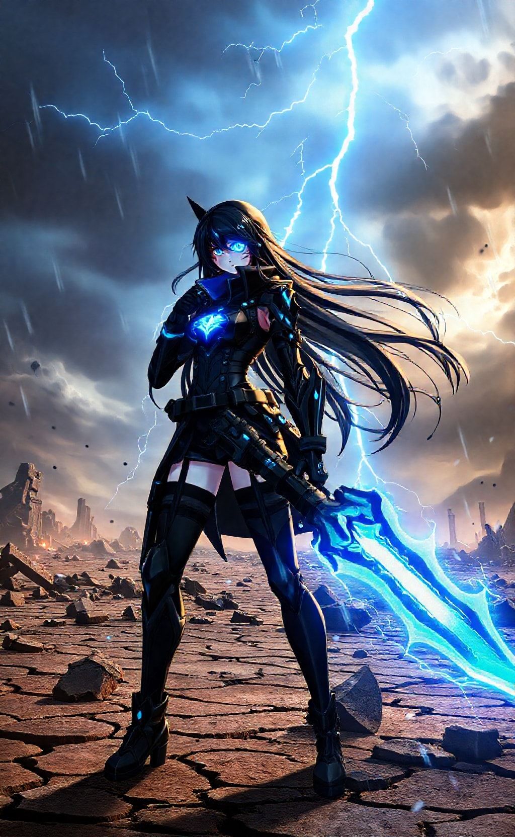 Epic Black Rock Shooter anime wallpaper with glowing sword and stormy lightning background