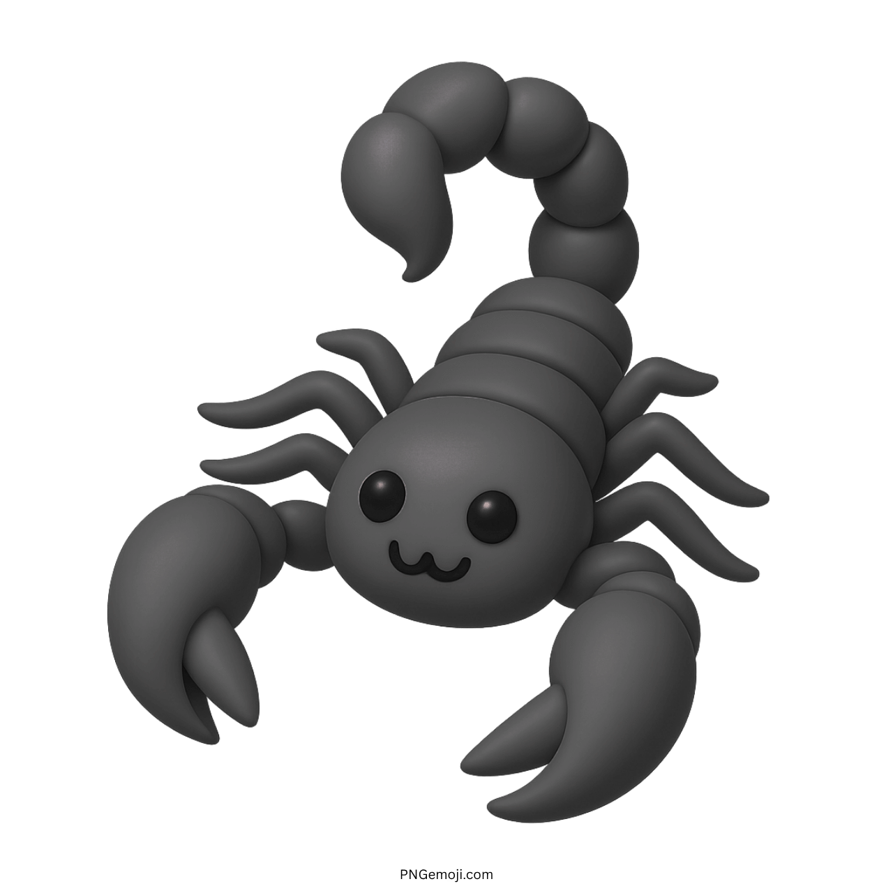 Cute black scorpion emoji in 3D cartoon style with curled tail and claws
