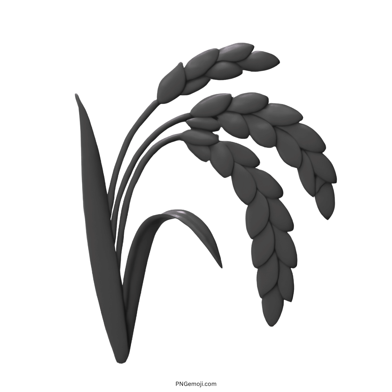 3D black sheaf of rice emoji with smooth grains and green leaves
