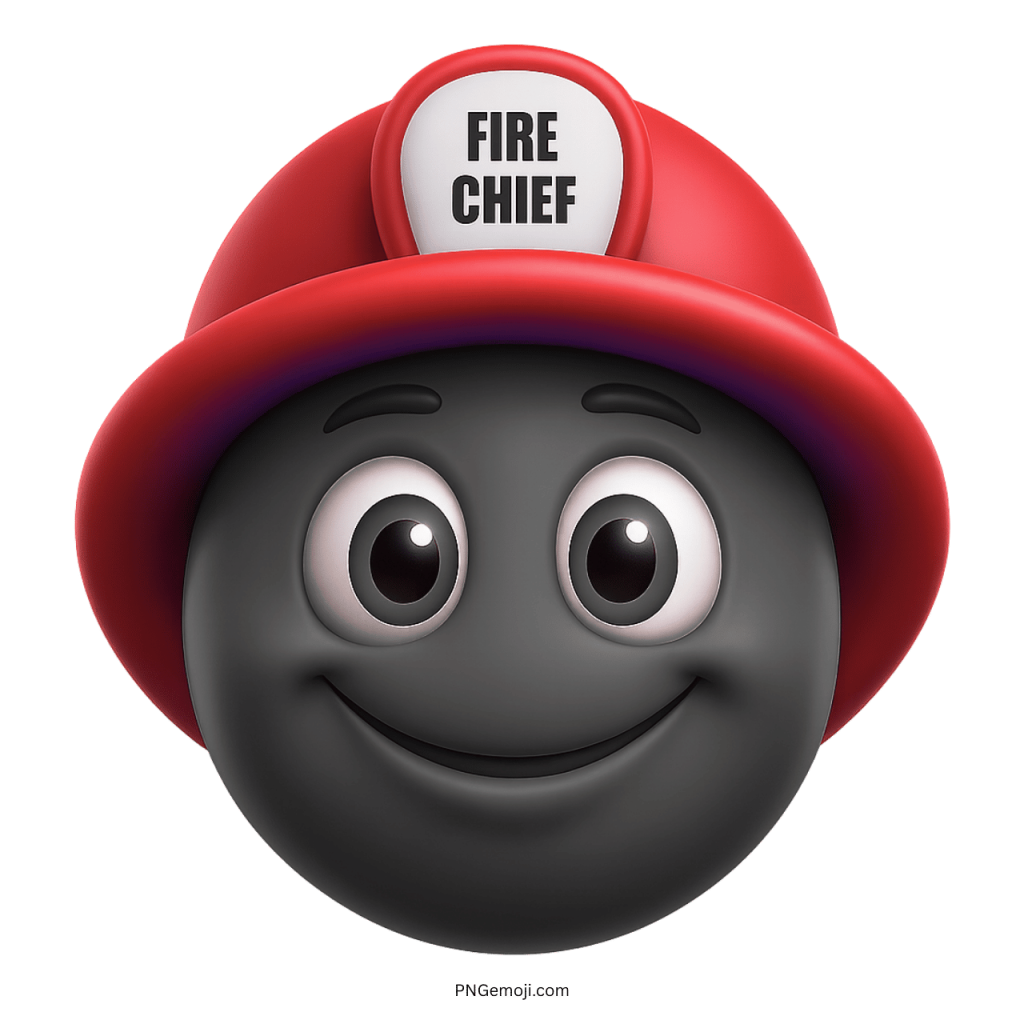 Black smiling emoji face wearing a bold red fire chief helmet