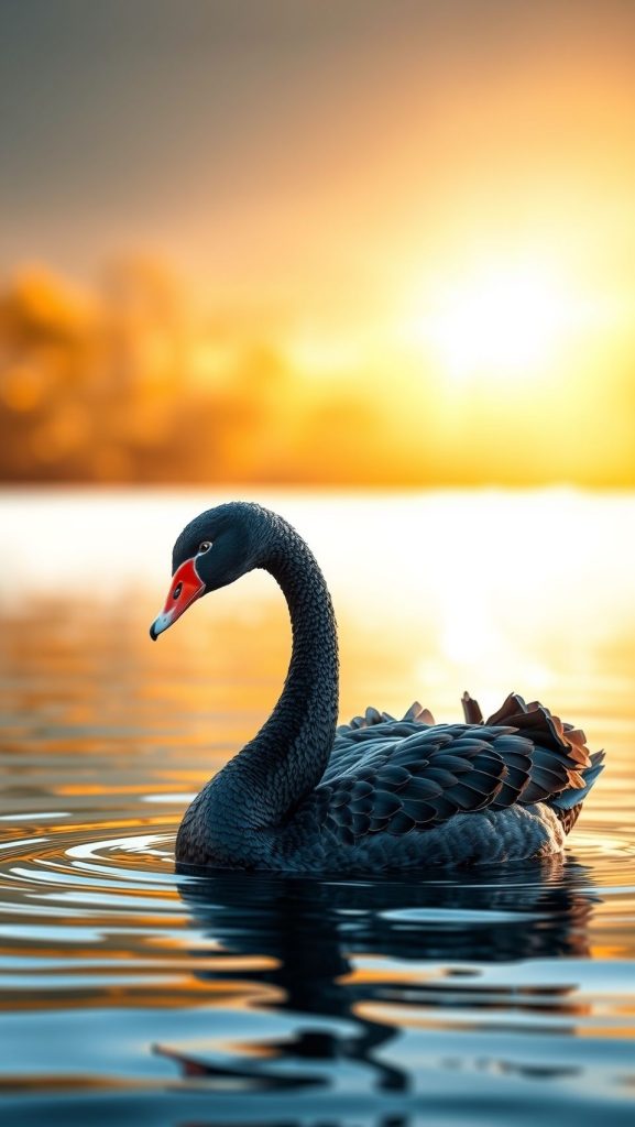 Black swan bird floating gracefully on calm water with golden sunset reflection
