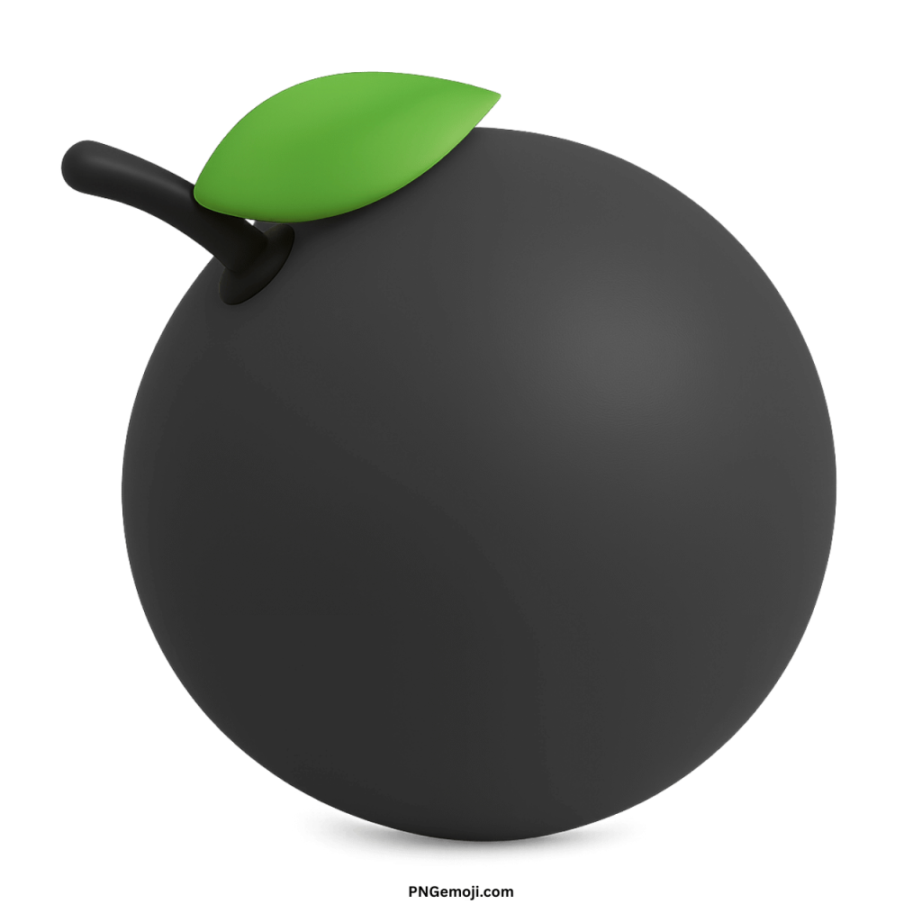 3D black tangerine emoji with green leaf and stem digital cartoon style