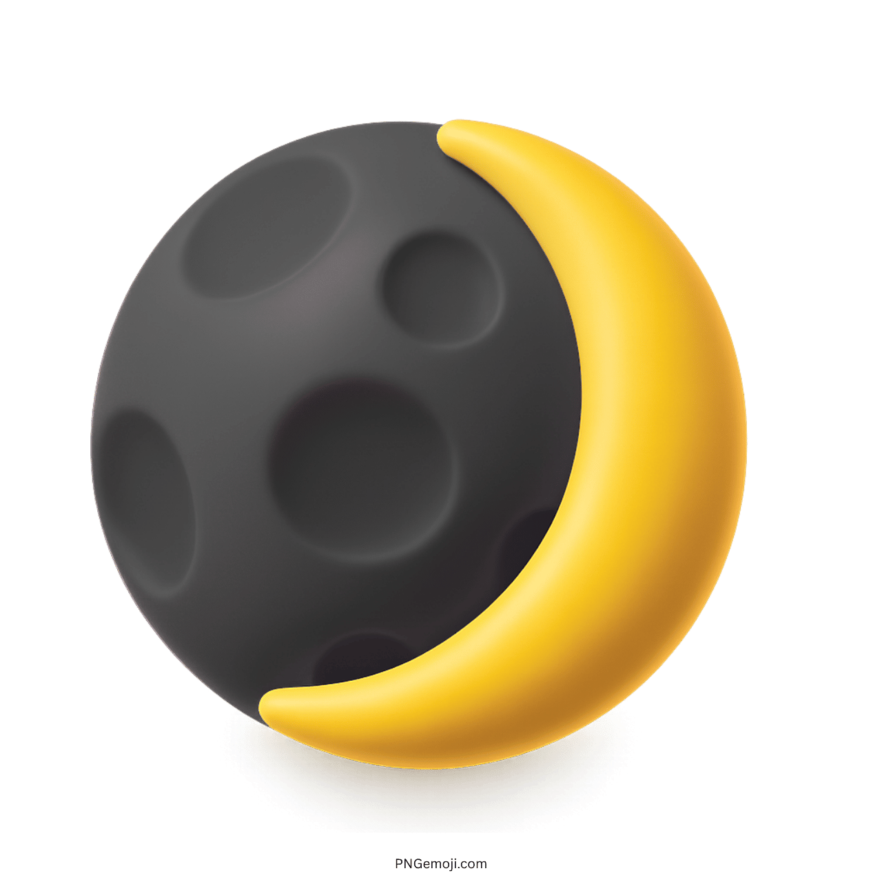 3D black waxing crescent moon emoji with yellow crescent and dark cratered surface