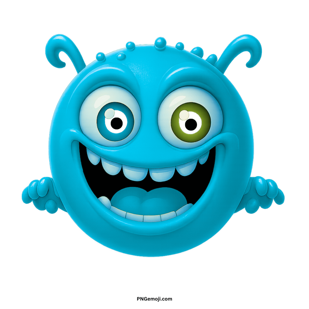 Blue alien monster emoji cartoon face with big mismatched eyes, toothy grin, and playful look