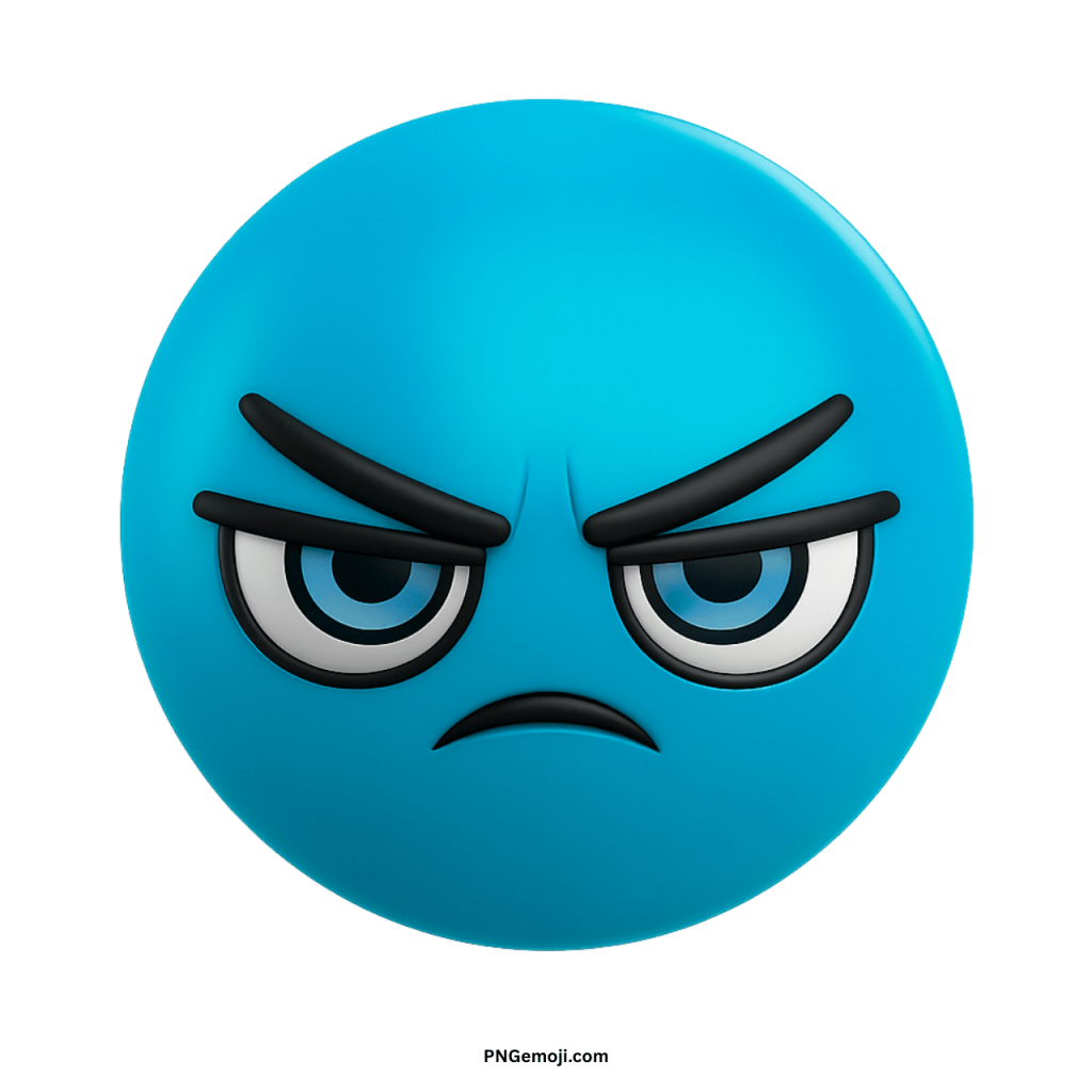 Blue angry face emoji with fierce eyes and frowning mouth in PNG format