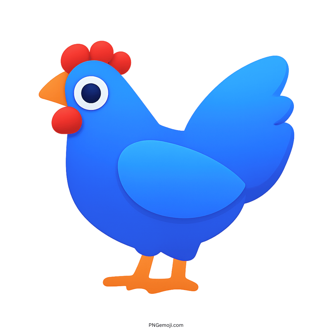 A cute and vibrant blue chicken emoji with a red comb and beak on a transparent background
