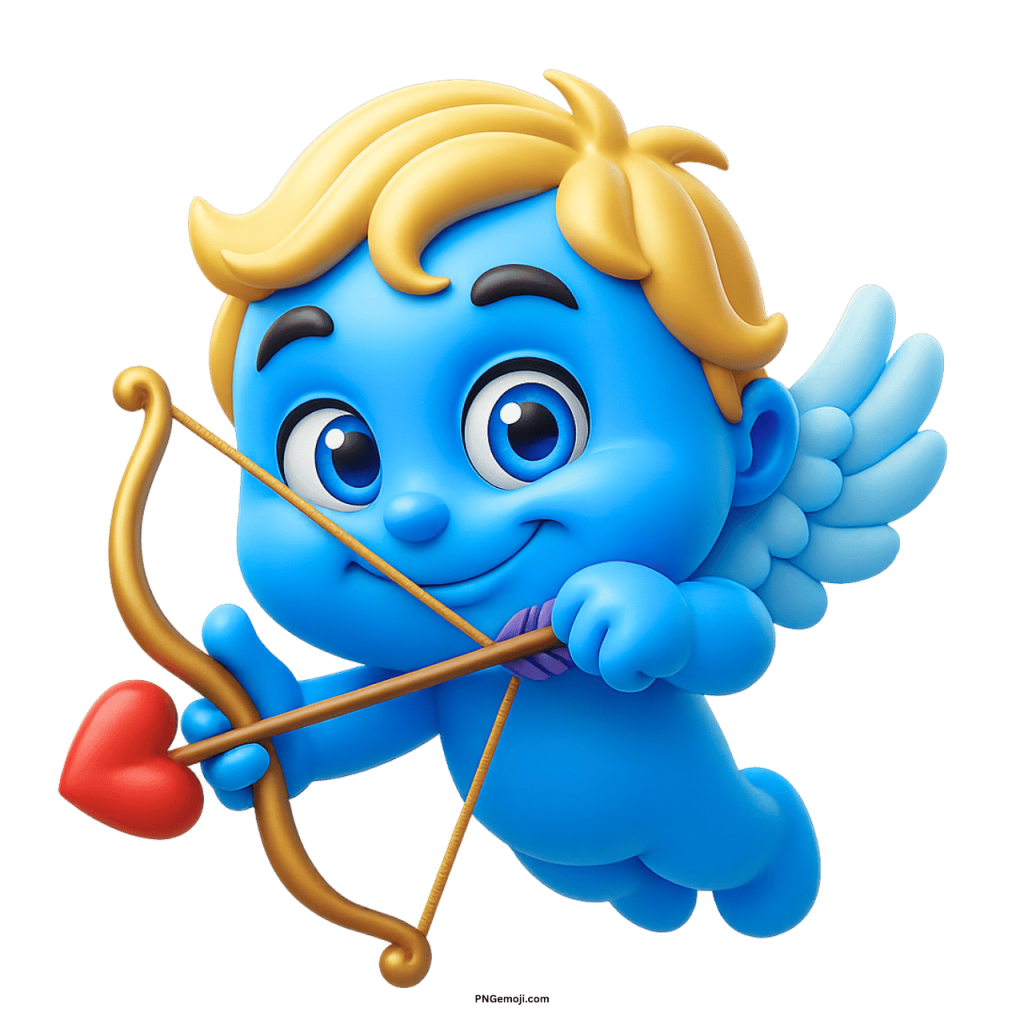 Blue cupid smiley emoji holding bow with red heart arrow in 3D cartoon style