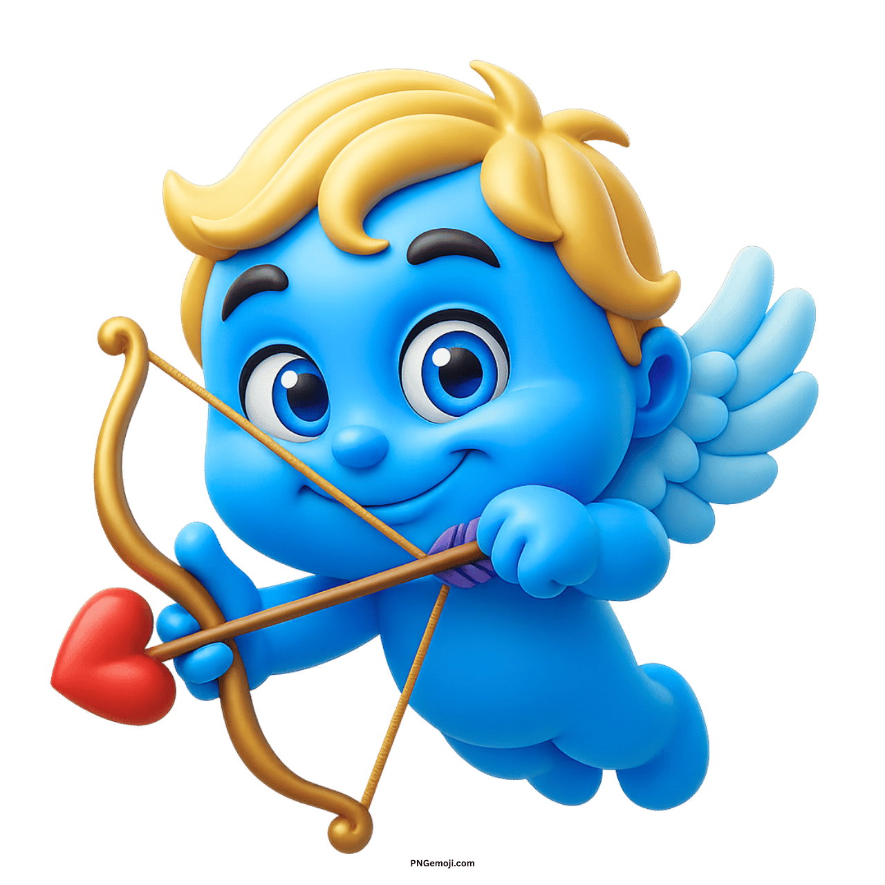 Blue cupid smiley emoji holding bow with red heart arrow in 3D cartoon style