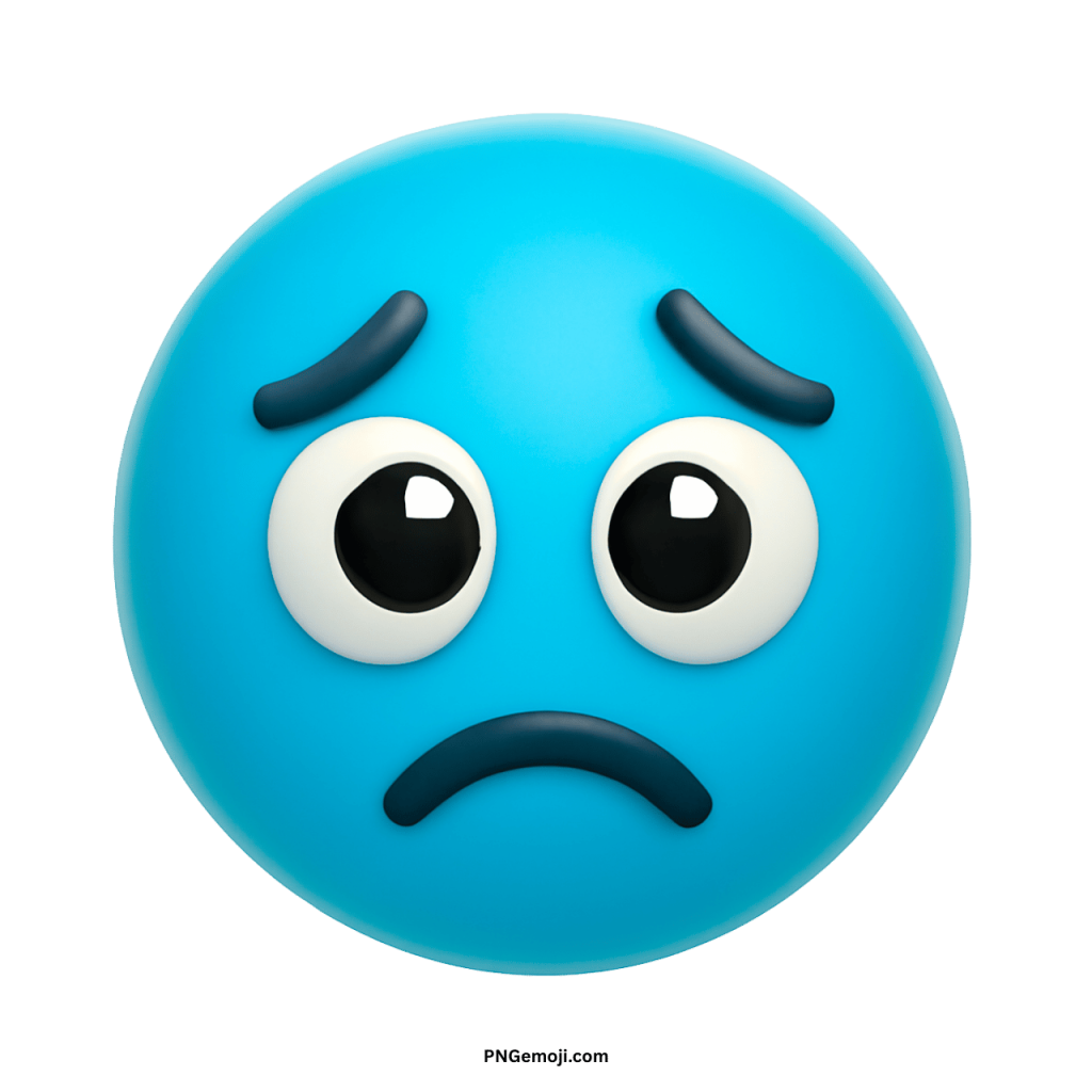 Blue disappointed face emoji with sad eyes, arched brows, and a frowning mouth