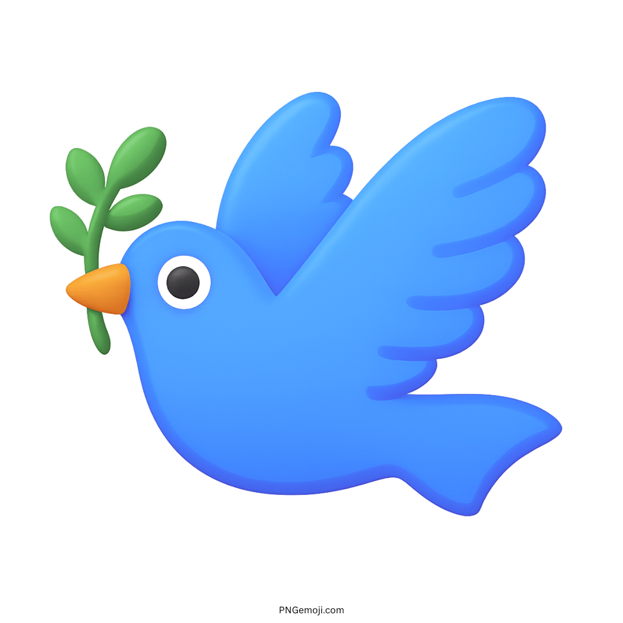 3D blue dove emoji flying with green olive branch in beak symbolizing peace.