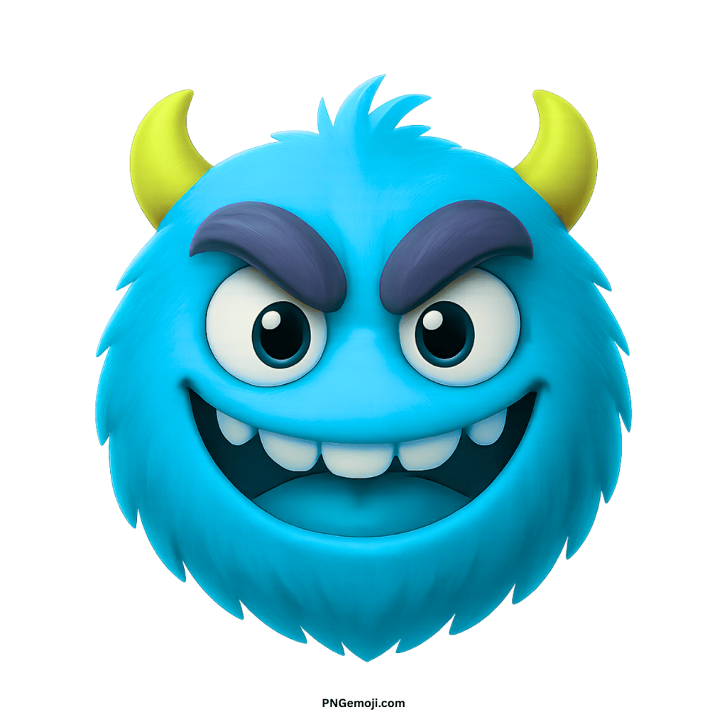 Blue furry enemy monster emoji with yellow horns, dark eyebrows, and mischievous smiling cartoon face