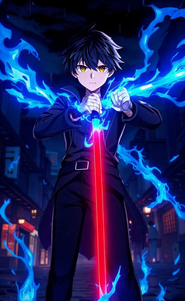 Blue Exorcist Rin Okumura holding sword with glowing blue flames in night