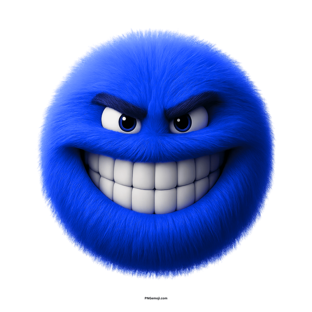 Blue furry emoji with angry eyebrows and wide mischievous grin on transparent background
