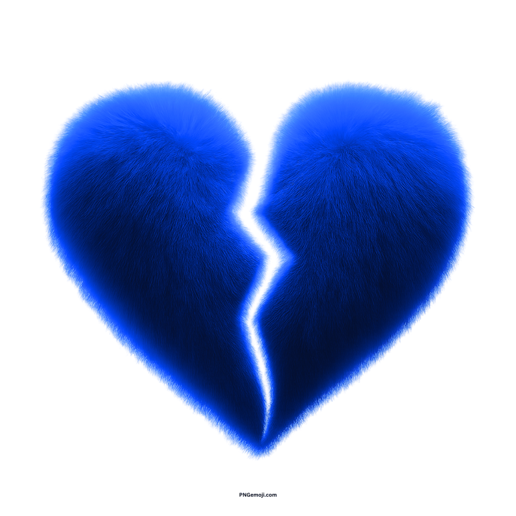Blue furry broken heart emoji symbol with fluffy texture representing sadness and heartbreak