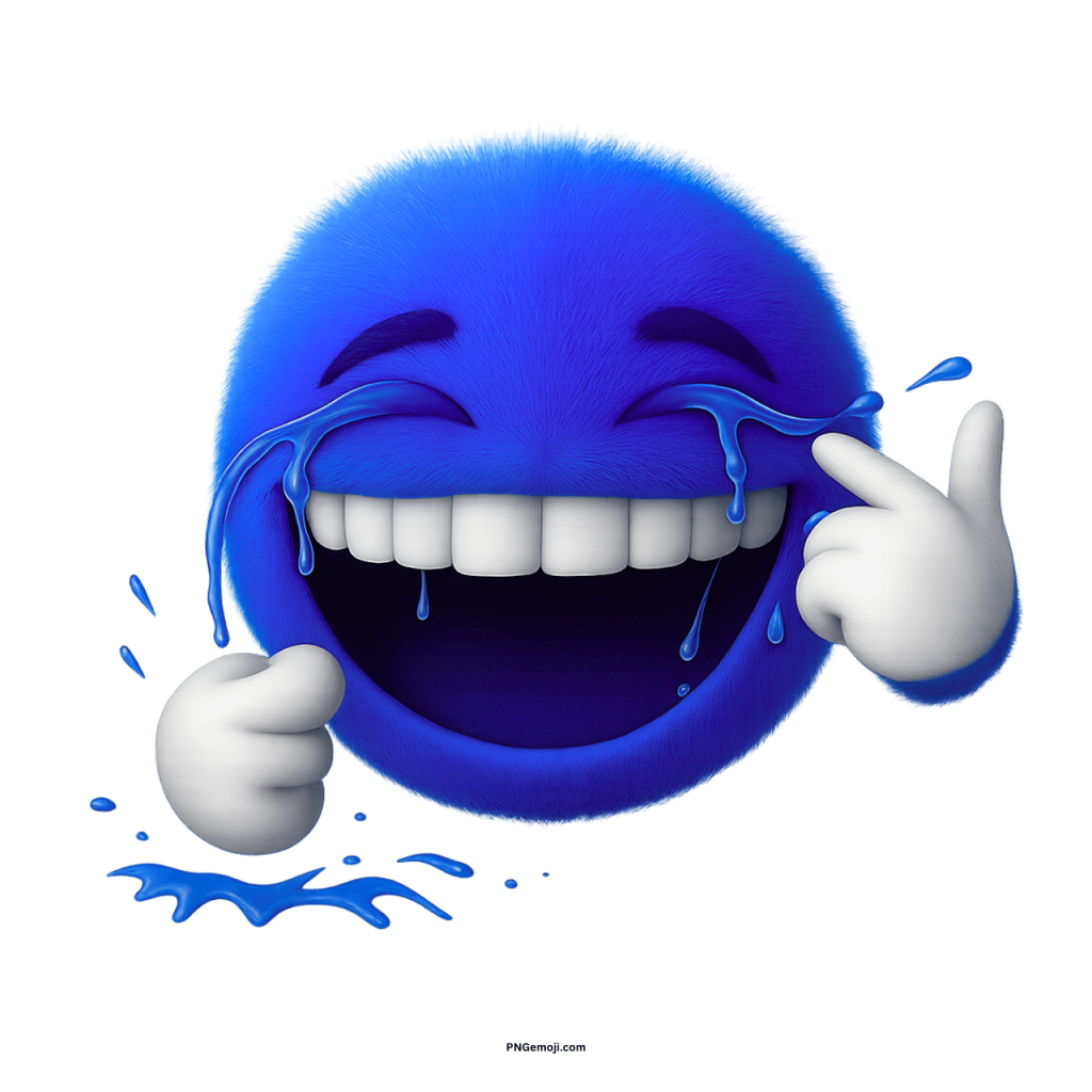 Blue furry emoji laughing with tears and wide smile showing funny cartoon expression