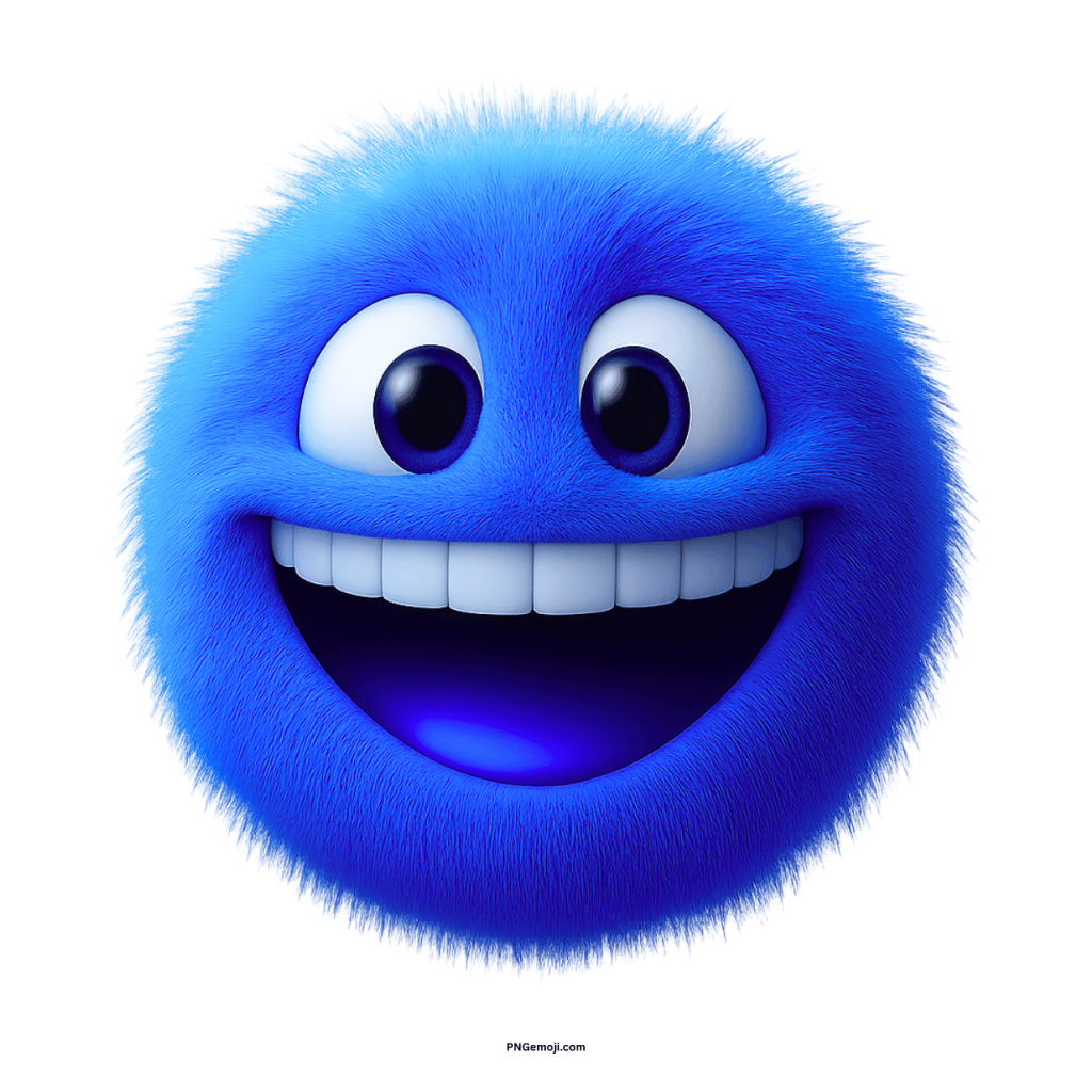 Cute fluffy blue smiley emoji with big eyes and wide happy grin
